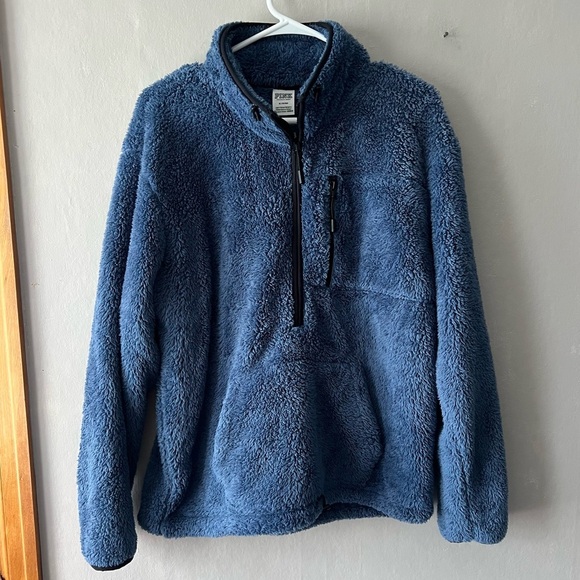 Victoria Secret PINK Blue Teddy/Sherpa 1/4 Zip Pullover Size Medium - Picture 1 of 5